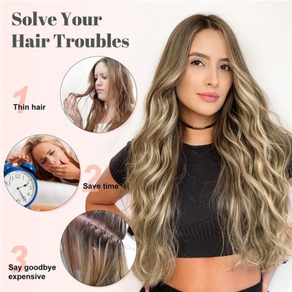 Clip in Long Wavy Synthetic Hair Extension 16 Inch Brown with Blonde - Picture 3 of 6